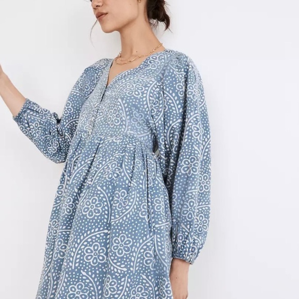 NWOT MADEWELL Bubble Sleeve Button-Front Mini Dress in Indigo Paisley